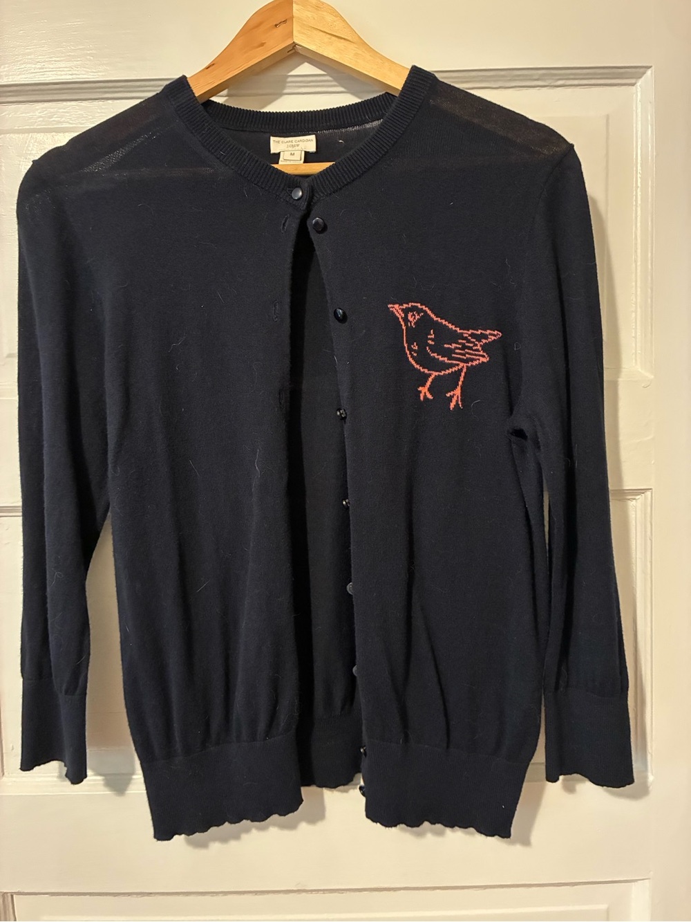 J. Crew Navy Crewneck Cardigan with Pink Bird Motif